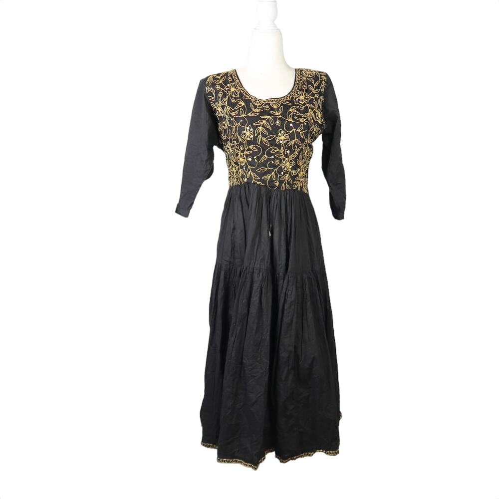 Vintage 90s Passports black cotton midi dress gold embroidery M